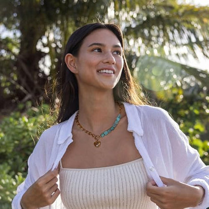POTESSA 18K Gold Plated Pendant Necklace Medallion Coin Heart Y Shaped Chain Toggle Necklace for Women Jewelry - color: gold heart amazonite