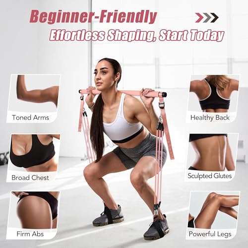 Upgraded Pilates Bar Kit with Resistance Bands Natural Latex for Women & Men, Heavy-Duty Stainless Steel Multifunctional Yoga Pilates Stick for Home Gym Exercise Fitness Equipment Full-Body Workouts - color: Rose Pink