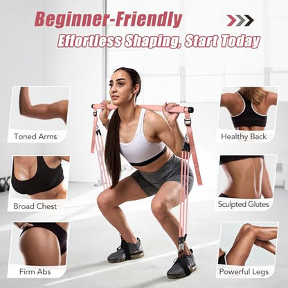 Upgraded Pilates Bar Kit with Resistance Bands Natural Latex for Women & Men, Heavy-Duty Stainless Steel Multifunctional Yoga Pilates Stick for Home Gym Exercise Fitness Equipment Full-Body Workouts - color: Rose Pink