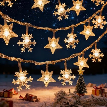 New Year Stars and Snowflakes Hanging String Lights, 20 LED Durable Warm Yellow Fairy Lights,Winter Birthday Mubarak Ramadan Kareem Patio Wedding Party Window Wall Indoor Outdoor Xmas Tree Decorations