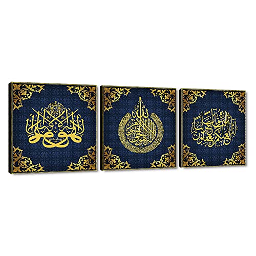 3 Panels Arabic Pictures Wall Art Modern Golden Arabic Calligraphy Canvas Painting Creative Dark Blue Pattern Background Print Poster Wall Decor Stretched by Framed for Home Decor - 36''W x 12''H - color: Blue Gold, size: 36''W x 12''H