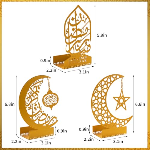 3 Pcs Gold Metal Ramadan Decorations for Home 2026, Eid Mubarak Kareem Sign Islamic Table Centerpiece Fireplace Decor, Arabic Crescent Moon Stand Lantern Star Candle Holders, Muslim Gifts
