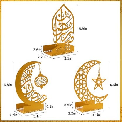 3 Pcs Gold Metal Ramadan Decorations for Home 2026, Eid Mubarak Kareem Sign Islamic Table Centerpiece Fireplace Decor, Arabic Crescent Moon Stand Lantern Star Candle Holders, Muslim Gifts