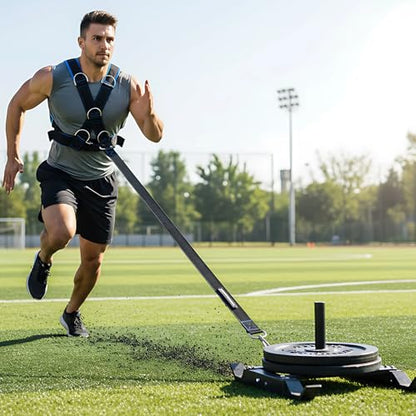Resistance Sled Harness, Workout Training Vest with Y-Shape Strap, Adjustable 33.1-45.7 in Waist, Five D-Rings, 62.5 in Towing Strap for Strength Training, Core Workout