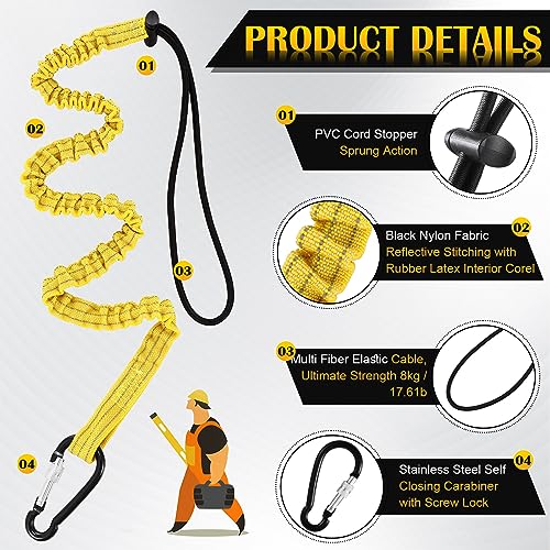 12 Pack Tool Lanyard with Single Metal Buckle and Adjustable Loop End, Standard Length, Maximum Weight Limit 8KG/ 17.6lb, with Aluminum Screw Lock, Retractable Shock Cord Stopper (Yellow) - color: Yellow