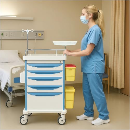 Crash Cart with Central Lock - Mobile Emergency Treatment Trolley with IV Pole, Cardiac Board, O₂ Tank Holder, Trash Bin & 5 Drawers for Clinics Nursing Center (Blue) - color: Blue