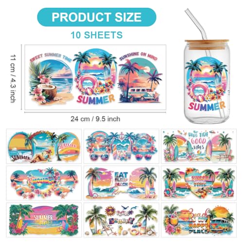 arricraft 10 Pcs Colorful Summer Beach Theme Cup Printing UV Transfer Papers, 10 Styles Sandbeach Coconut Trees Sunset UV DTF Cup Wrap Stickers for 16 OZ Glass Cups Crafts 9.5x4.3inch - style: Summer Beach Theme