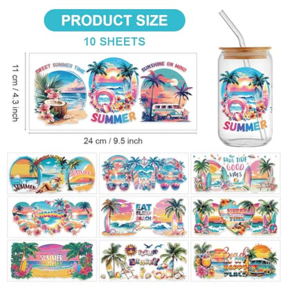 arricraft 10 Pcs Colorful Summer Beach Theme Cup Printing UV Transfer Papers, 10 Styles Sandbeach Coconut Trees Sunset UV DTF Cup Wrap Stickers for 16 OZ Glass Cups Crafts 9.5x4.3inch - style: Summer Beach Theme