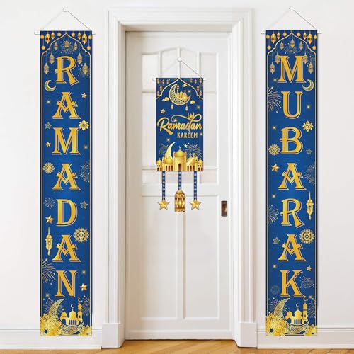 Ramadan Mubarak Decorations Door Banner - 3 Pack Eid Mubarak Porch Signs with Door Cover, Ramadan Muslim Wall Hanging Backdrop for Home Outdoor (Blue Gold) - color: Blue Gold