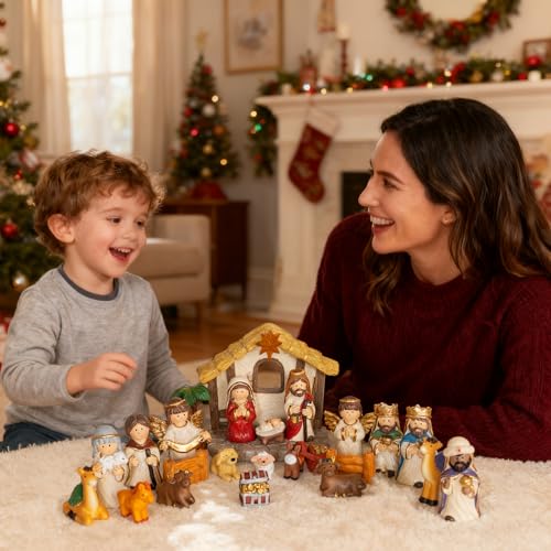 Nativity Advent Calendar 2026 Kids - 24 Days Light-Up Nativity Scene Set with Resin Figures，Toddler Advent Calendar 2026 Girls and Boys，Christmas Countdown Calendar Gifts for Children