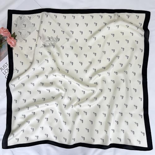 FONYVE Silk Feeling Scarf Medium Square Satin Head Scarf for Women 27.5 × 27.5 inches - color: 04 White Horsehead
