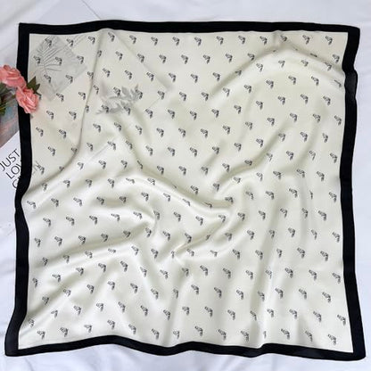 FONYVE Silk Feeling Scarf Medium Square Satin Head Scarf for Women 27.5 × 27.5 inches - color: 04 White Horsehead