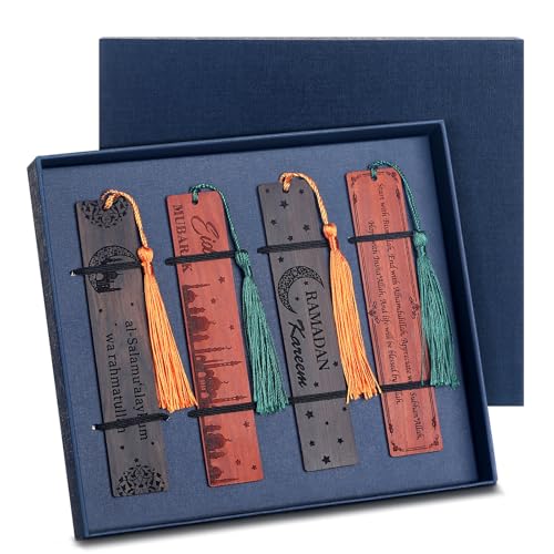 Skyygemm 4 Pcs Eid Mubarak Wooden Bookmark Gift Quran Tabs for Men Ramadan Kareem for Islamic Men Women Bookmarks Quran Gift Set for Friends Family