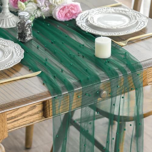 Artoid Mode Pearl Dark Green Gauze Table Runner 10FT Home Decor - color: Dark Green, size: 28" x 120"