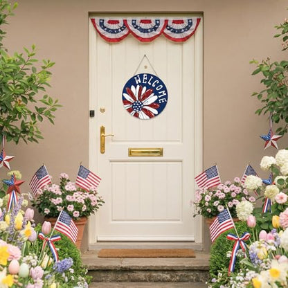 Smile Patriotic Flower Welcome Wooden Round Door Hanger, American Flag Themed Front Door Sign for 4th of July & Memorial Day Decor - style: Patriotic Daisy