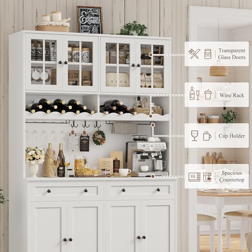 HOSTACK 75" Kitchen Pantry Storage Cabinet, Coffee Bar Hutch Cabinet, White | Tall Pantry Cabinet with Charging Station / Wide Countertop / Glass Doors / Wine Rack / Cup Holder / Drawers, Dining Room - color: White