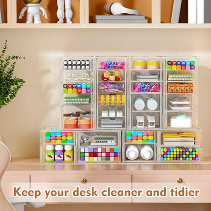 ARSTPEOE Acrylic 13-Drawer Storage & Makeup Organizer for Desk, Bath | Smooth-glide drawers, clear acrylic, stackable, dustproof, wipe-clean, for eyeliners, lip liners, markers, push pins,pen - size: 13 Drawers