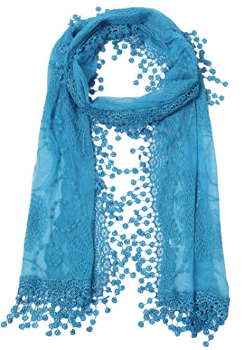 Cindy & Wendy Lightweight Soft Leaf Lace Fringe Scarf Bridal Shawl for Women - color: Blue