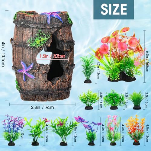 CousDUoBe Fish Broken Barrel Decor Fish Tank Decorations Betta Fish Tank Accessories,Starfish Barrel x 1pc, Aquarium Plants x 11pcs - size: 12 Pcs