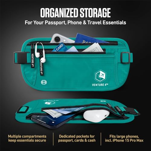 VENTURE 4TH Money Belt for Travel – Slim Hidden Under-Clothes RFID Blocking Anti-Theft Passport Holder & Travel Wallet Pouch for Men & Women to Protect Cash, Cards & Documents (Turquoise) - color: Turquoise