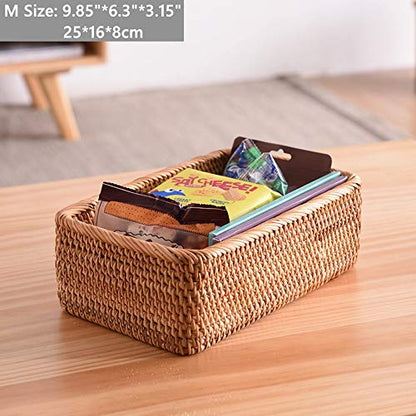 Handmade Rectangle Wicker Fruit Box Rattan Tray Magazine Organizer and Small Objects Container Serving Basket (Medium) - size: Medium