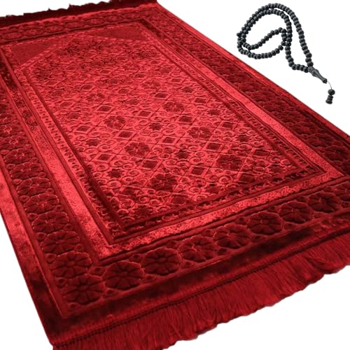 Modefa Velvet Prayer Rug - Soft Plush Turkish Janamaz Sajada Carpet for Men and Women - Plain Solid Prayer Mat Ramadan Eid Gift - with Prayer Beads - Luxury Floral Stamp (Red) - color: Red