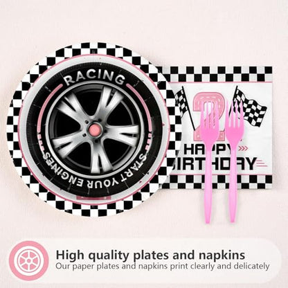 Grencian 96Pcs Two Fast Birthday Party Supplies Pink Race Car 2nd Party Plates and Napkins Checkered Flag Tableware for Kids Girls Racing Car 2 Year Old Birthday Decorations Serves 24 - style: Pink Racing Car 2nd Birthday