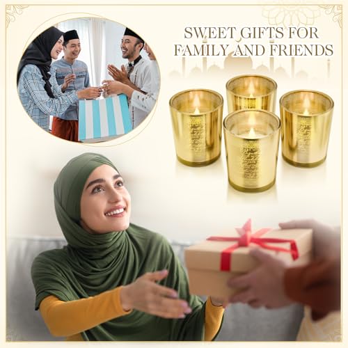 Teenyyou 4 Pcs Islamic Decorations Votive Candle Holders Bulk Eid Al Adha Gifts Hajj Mubarak Gold Glass Tealight Holders Table Decors Centerpiece for Muslim Desk Bedroom Home Office
