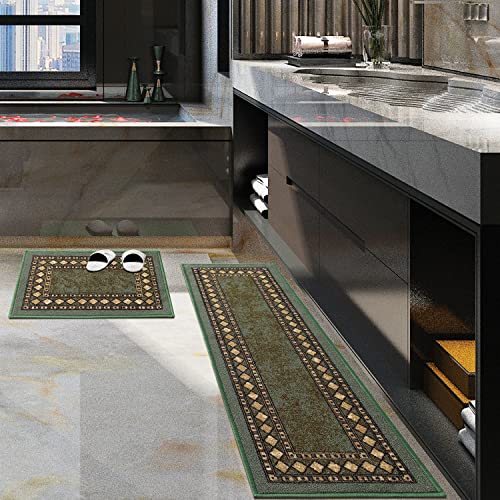 Antep Rugs Alfombras Modern Bordered 2pc Non-Skid (Non-Slip) Low Profile Pile Rubber Backing Indoor Kitchen Runner Rugs (Green, 2pc Set) - color: Green, size: 2pc Set