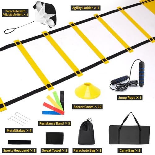 Speed Ladder Agility Ladder, Football Training Equipment Set-20feet 12 Rungs Speed Ladder,10 Disc Cones, Resistance Parachute, Jump Rope, 4 Resistance Bands