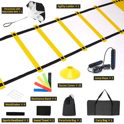 Speed Ladder Agility Ladder, Football Training Equipment Set-20feet 12 Rungs Speed Ladder,10 Disc Cones, Resistance Parachute, Jump Rope, 4 Resistance Bands