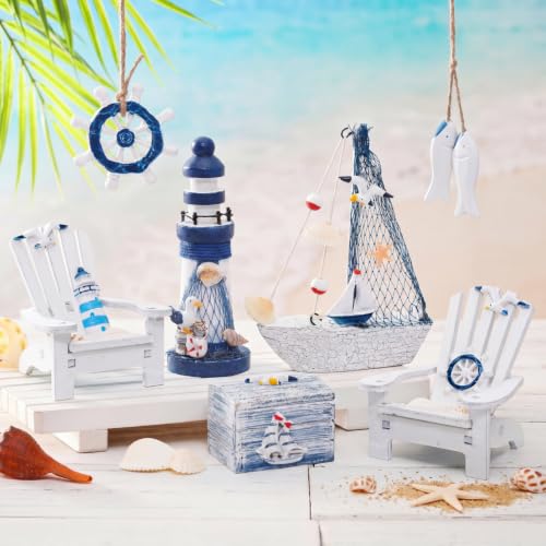 7 Pieces Wooden Box Wooden Lighthouse Mini Sailboat Anchor Fish Hanging Starfish Model Spring Summer Easter Tree Ornament Decoration Aquarium Decor Landscape Tank Ornament Office Mini Garden Landscape - style: Classic