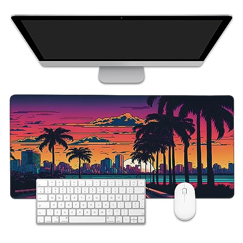 Mouse Pad,Orange Purple Miami Landscape Desk Mat for Desktop,Desk Pad with Non-Slip Base and Stitched Edge,Extended Mousepad for Office and Home 35.4X15.7 Inch - color: Miami Landscape
