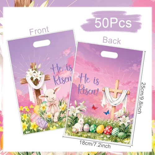 Falueqg Religious Easter Party Favor Bags - 50 Pcs He is Risen Happy Easter Goodie Candy Gift Bags First Communion Religious Cross Party Favors for Christian Spring Hunt Egg Game Baptism Supplies - color: Cross Easter