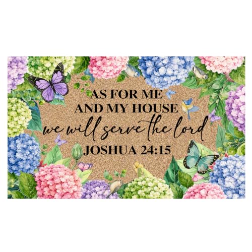 Christian Hydrangea Floral Faux Coco Coir Doormat Door Mat, as for Me and My House Religious Decorative Welcome Doormat for Home Indoor Outdoor Porch Front Door Entrance Outside, 17x30 Inch - color: Hydrangea