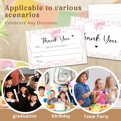 Kids Thank You Cards with Envelopes, Pink Bow Theme Fill in the Blank Thank You Notes for Kids, Toddler Stationery Set, Ideal for Birthday Party, Graduation & School Gag Gifts - B04 - color: Pink Bow Style
