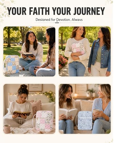 Bible Cover Case for Women Large Bible Bag, Quilted Bible Carrying Case with Handle Church Book Holder Bible Study Supplies Accessories Christian Gifts for Women (Spliced Flower Blue)