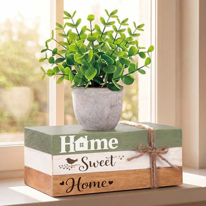 Wesiti 4 Pcs Spring Table Centerpieces with Fake Eucalyptus Pot Plant Home Sweet Home Decoration Farmhouse Tiered Tray Tabletop Decor Wooden Stack Book Block Sign for Desk Shelf Housewarming Gift - style: Classic