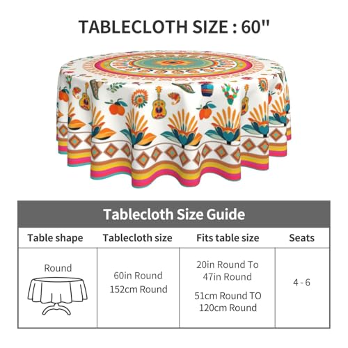 Mexican Floral Art Tablecloth Mexico Round Table Cover Washable Table Cloth for Home Kitchen Party Picnic 60 Inch - color: Mexican Floral Art