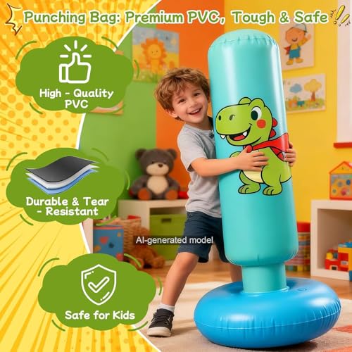 Inflatable Punching Bag for Kids: Qoosea 48 Inches Kids Bop Bag Boxing Gloves & Air Pump Dinosaur Toy Gift for Toddler & Kid Ages 3-8,Freestanding Punching Bag Easy to Inflate,Boxing Bag - color: Light Blue