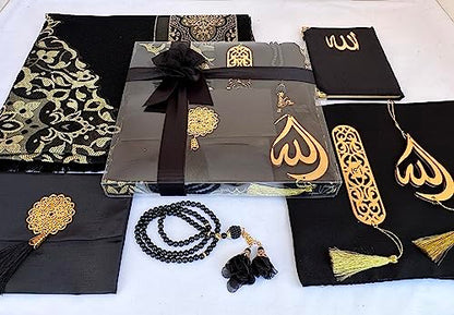SAIKA Muslim Prayer Rug, 7 in One Gift Set, Prayer Mat Surah Book, Tasbeeh, Scarf, Surah Case, Bookmark, Car Mirror Hanger, Prayer Beads,Islamic Gift for Umrah, Hajj, Wedding, Janamaz (Black) - color: Black