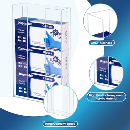 WodGod Acrylic Gloves Box Dispenser Holder Wall-Mounted,3 Box Capacity,Glove and Facial Tissue Wire Rack for Kitchen,Healthcare,Hospital,Restaurant,Workshop,Office,Etc(10”x3.2”x17”)