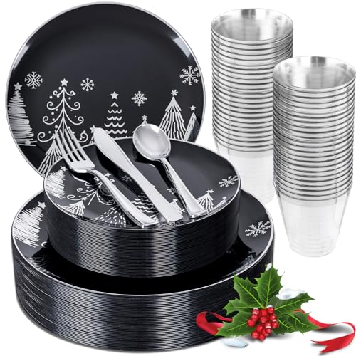 KIRE 150PCS Christmas Plates Disposable & Dinnerware Set for 25 Guests - Black & Silver Plates, Plastic Silverware & Cups With Silver Rim for Christmas/New Year - color: Black and Silver