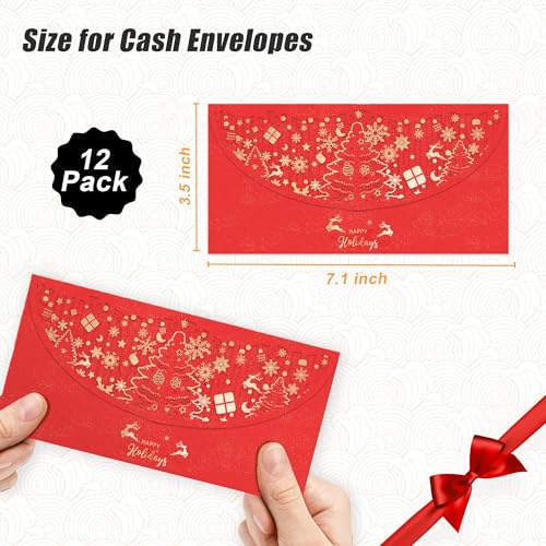 12 PCS Holiday Christmas Money Envelopes For Cash, Xmas Cash Currency Envelopes 7.1×3.5 inch, Gold Foil Laser Cut Money Envelopes Holder for Christmas Party New Year Gifts (Red,Horizontal) - size: Horizontal ，7.1"×3.5"