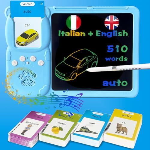 Drawing Writing Tablet for Toddlers - Bilingual Talking English Italian Flash Cards for Kids 3-12, Sensory Toys for Autistic Children, 510 Sight Words, Travel Activity (Italian, Blue) - color: Italian, size: Blue