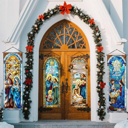 Panelee 4 Pcs Nativity Scene Banner Religious Christmas Backdrop Holy Nativity Stained Glass Style Wall Decorations Jesus Porch Sign for Xmas Indoor Outdoor Church Wall Hanging Decor - style: Nativity