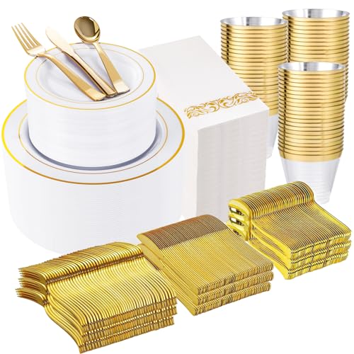 WELLIFE 700 Pieces Gold Plastic Dinnerware Set for 100 Guests - Includes Plates, Cups, Napkins, and Disposable Cutlery - Elegant White & Gold Design, Perfect for Parties and Events - color: Gold, style: 700PCS（100Guests）