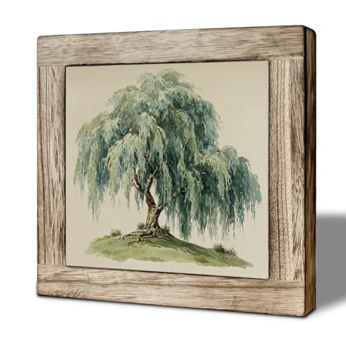 Weeping Willow Tree Wooden Box Sign, Watercolor Nature Landscape Decor for Desk Shelf Table, Rustic Farmhouse Botanical Wood Plaque for Home Living Room Office - color: color35