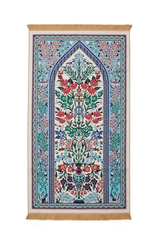 SODEF Velvet Prayer Rug 26x45 inches Ecru Multicolor Turkish Motif Non-Slip - Multicolor