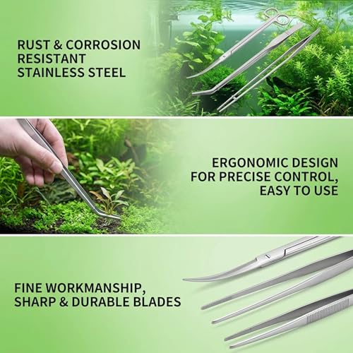 3Pcs Aquascaping Tools, Stainless Steel Aquarium Plant Tools with Straight & Curved Tweezers and Curved Scissors, for Aquatic Plant Care & Tank Maintenance, Terrarium
